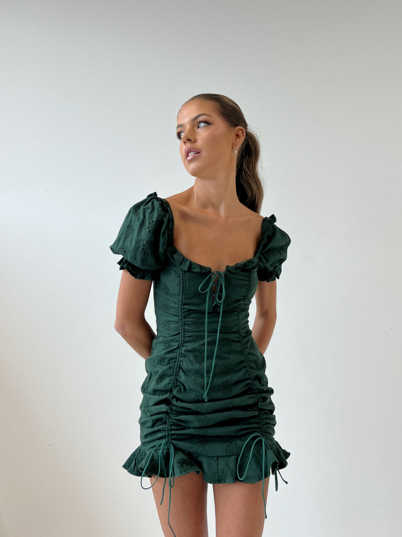Amelia Floral Mini Dress - Forest Green